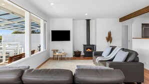 Un salon moderne avec une cheminée, un canapé en cuir et un téléviseur à écran plat.