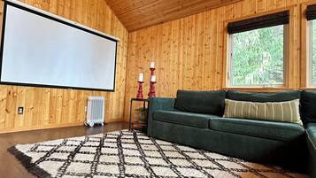 Smart TV, chimenea, libros