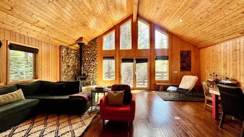 Smart TV, fireplace, books