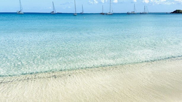 A beach with clear turquoise water and a sandy shore. -  MAGNIFIQUE VILLA KYLA'S  the most beautiful sea view in the Caribbean with POOL (Collectivity of Saint Martin)