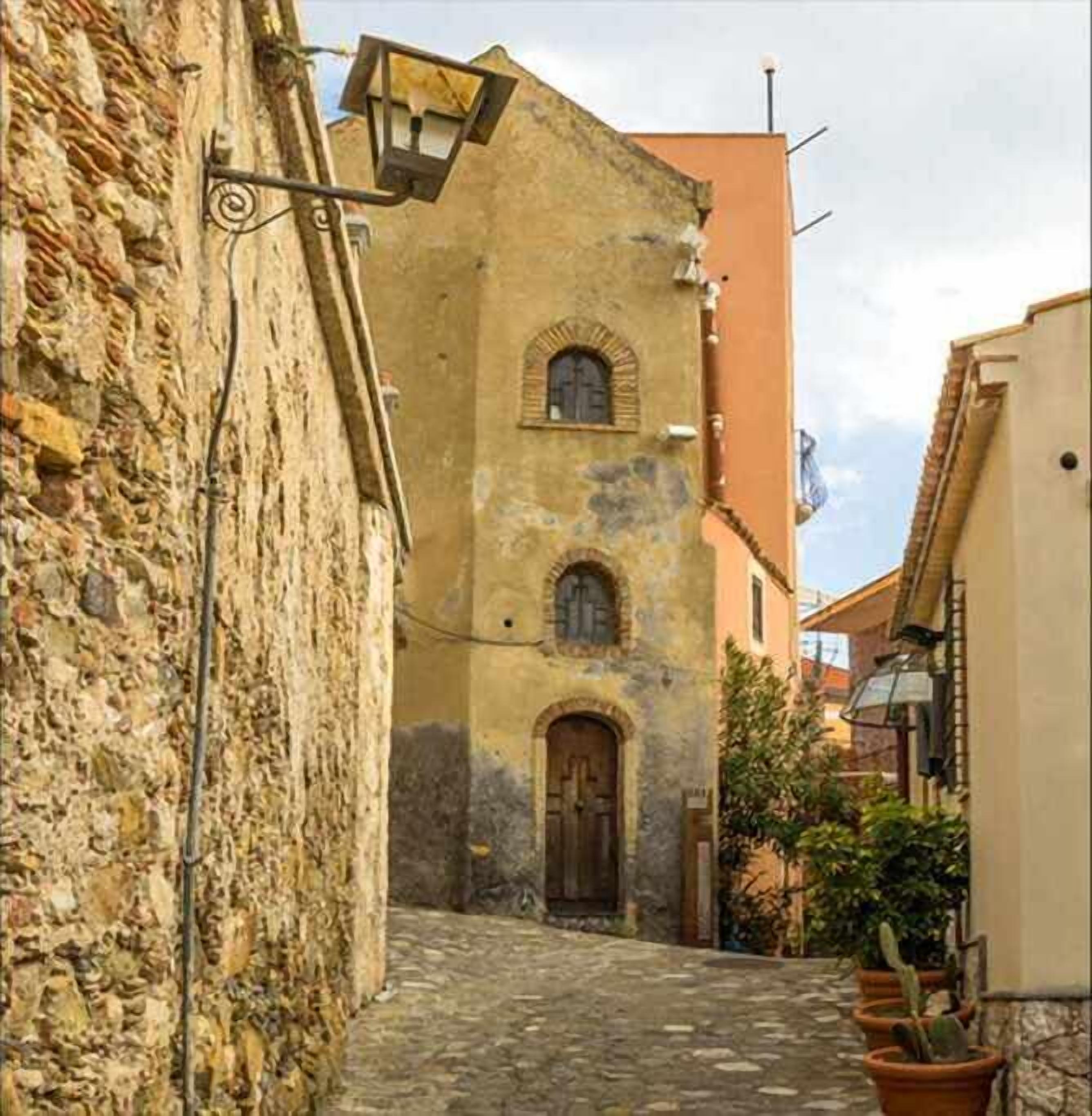A narrow street with stone buildings, a wooden door, and potted plants.
