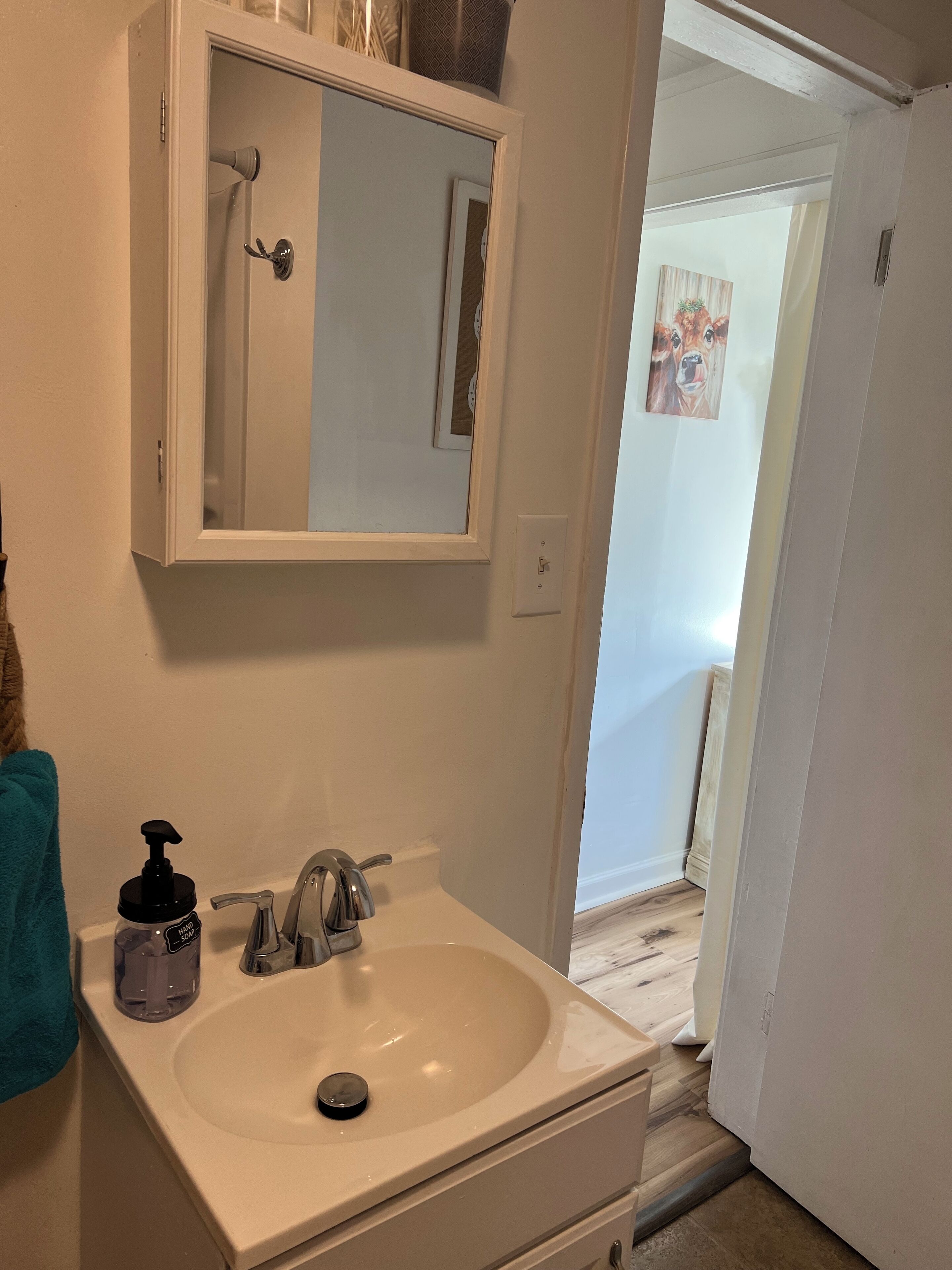 Combined shower/tub, hair dryer, towels, soap