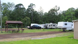 Un terrain de camping où des camping-cars sont stationnés le long d’un chemin de terre, avec une table de pique-nique et un pavillon abrité.