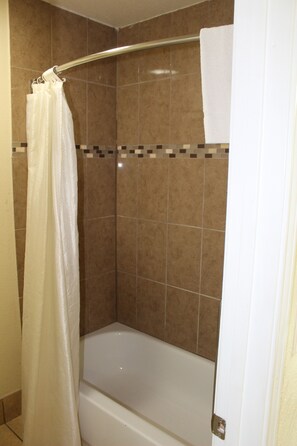 Rainfall showerhead, hair dryer, towels, soap