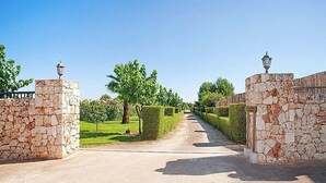A paved driveway leading to stone walls with lamp posts, surrounded by neatly trimmed hedges and trees.