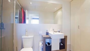 Shower, hair dryer, towels