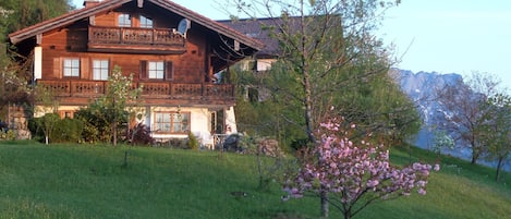Situated on a grassy hillside, this chalet offers a balcony with ornate railings and a satellite dish.