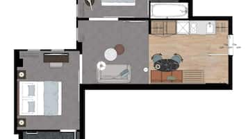 A two-bedroom apartment layout with a separate bathroom, a kitchen, a dining area, and a living room.