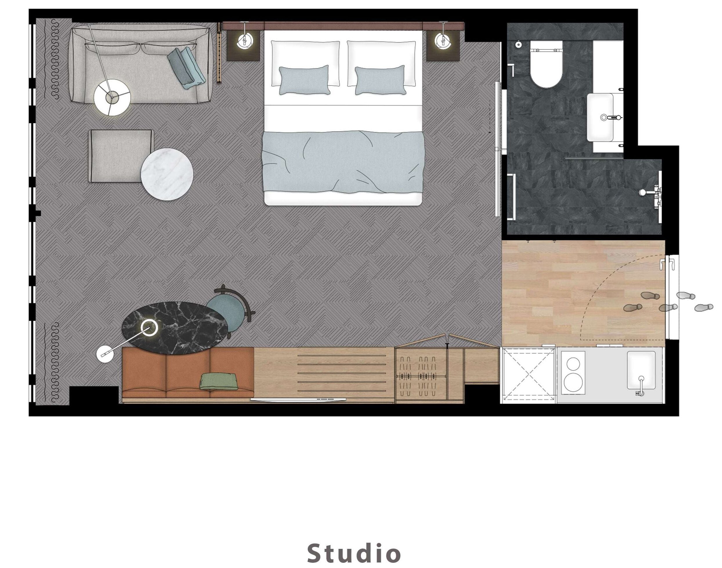 A studio apartment layout with a bed, sofa, dining table, kitchen area, and bathroom.