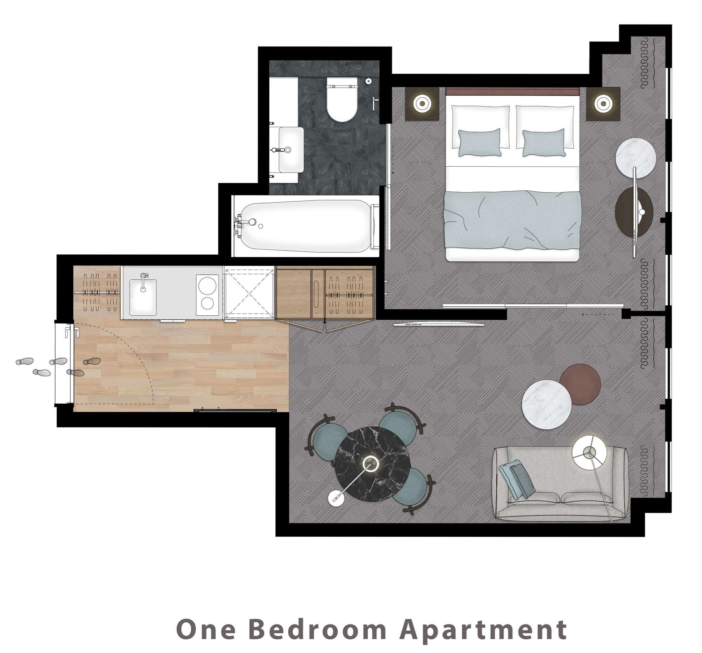 Distribución de un apartamento de una habitación, que incluye un baño, una kitchenette, una sala de estar con sofá y mesa de centro, y un comedor con mesa y sillas.