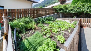A vegetable garden with raised beds, a wooden fence, and a stone wall. - Apartment ‘Sonnenparadies 4’ with Mountain View, Wi-Fi & Garden (St. Martin in Passeier / Quellenhof)