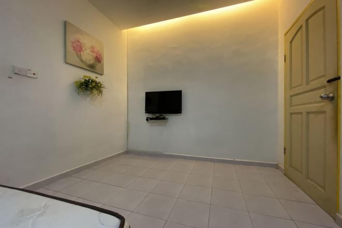 Habitación con cama, televisor de pantalla plana en la pared, una puerta y una planta fijada a la pared.