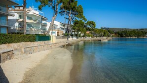 Un hotel en la costa con vistas despejadas al mar, un sendero de piedra y una fila de árboles.
