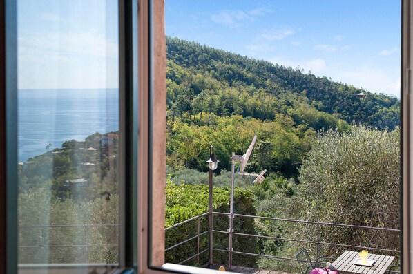 A balcony with a view of a forested hillside and a body of water.