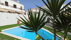 A swimming pool surrounded by white walls and green artificial grass, with palm trees and potted plants. - Holiday Home Casa Sarita with Shared Pool & Wi-Fi (Arona)