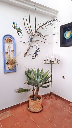 A corner room with a potted plant, a mirror with dried plants, a wall-mounted light fixture, and a framed picture.