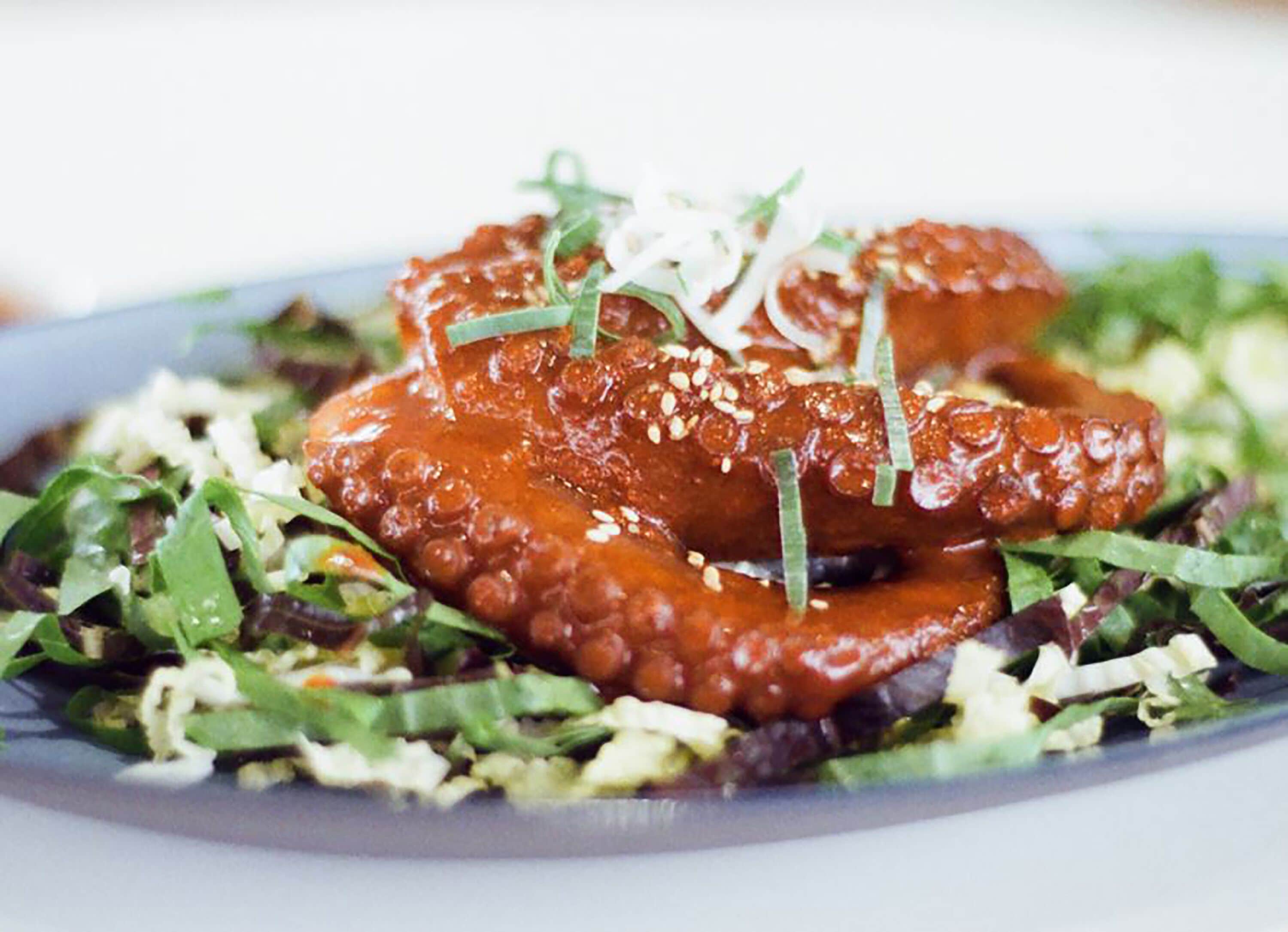 A plate of food with a glazed chicken wing and sesame seeds garnish.