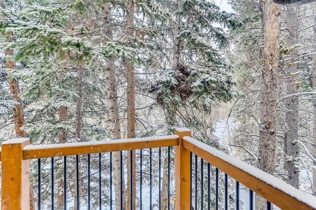 Un paisaje nevado de bosque con una baranda de madera.