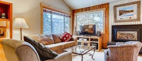 Televisión, chimenea, reproductor de DVD y oficina