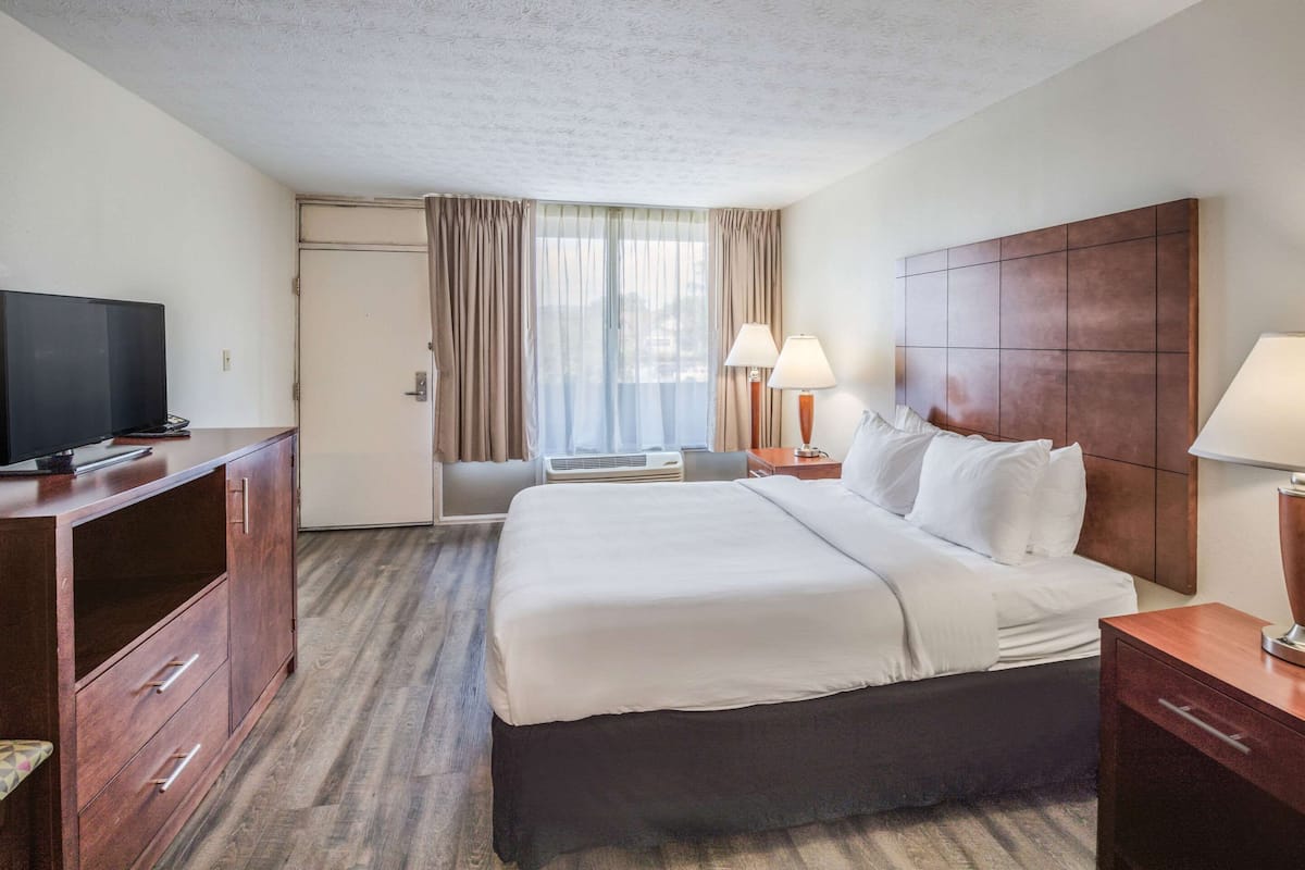 A hotel room with a large bed, a TV on a wooden cabinet, a desk with a lamp, and a window with curtains.