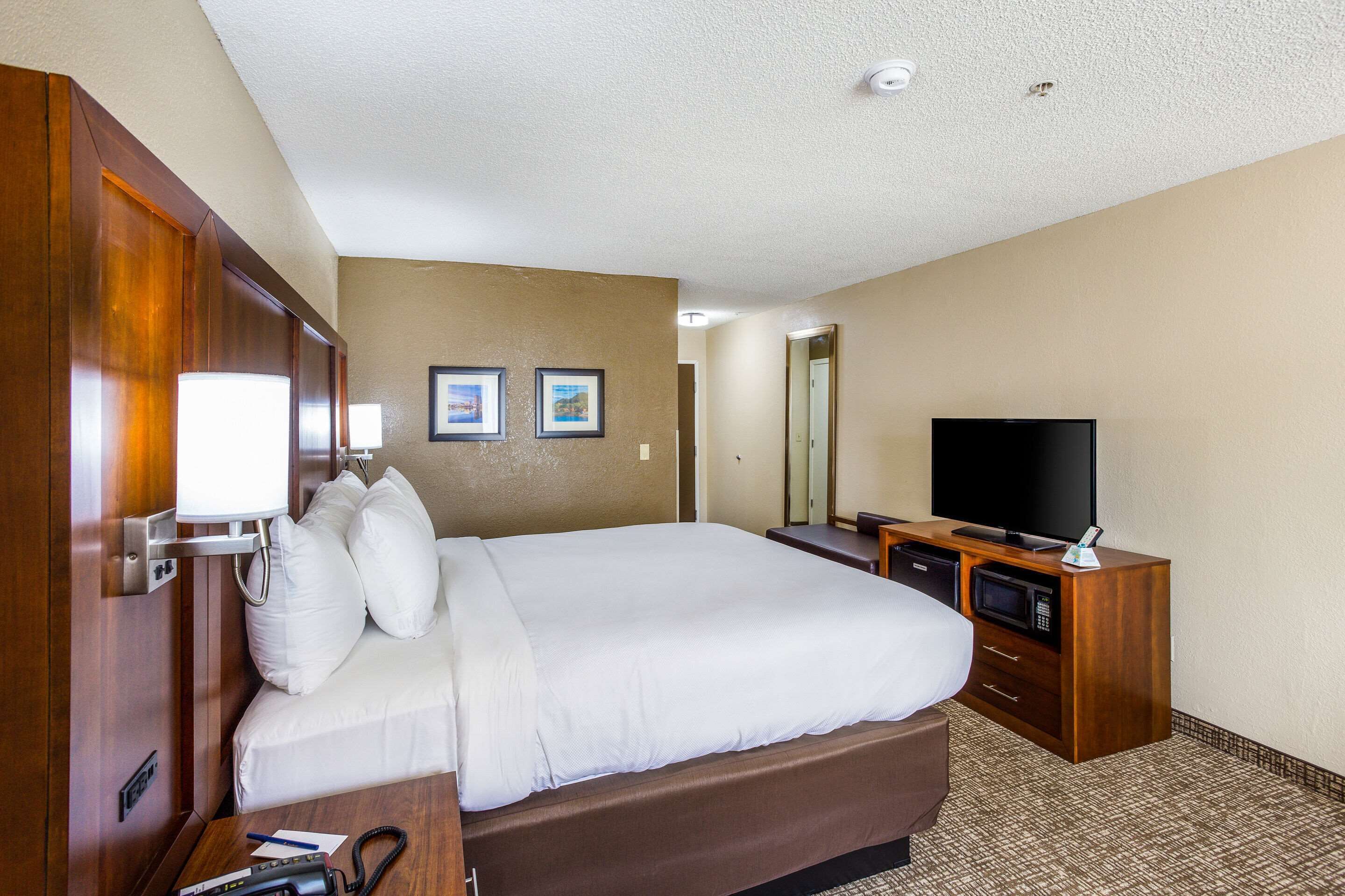 A hotel room with a large bed, a TV, a desk with a lamp, and a mirror on the wall.