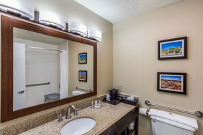 A bathroom with a large mirror, sink, towel rack, and two framed pictures on the wall. - Comfort Inn Charleston South (Charleston)