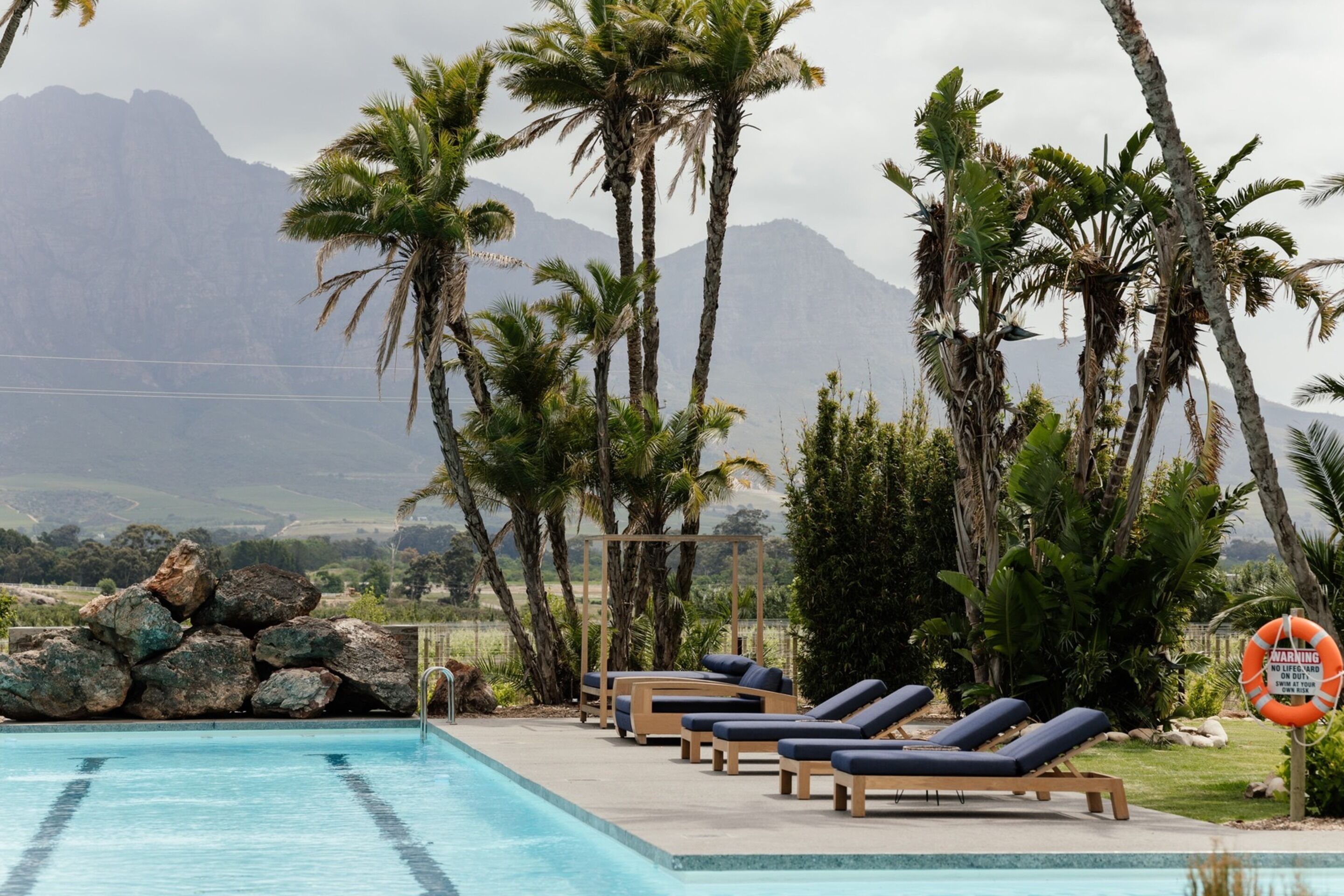 Un área de piscina con sillas de descanso, palmeras y montañas al fondo.