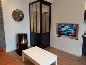 TV connectée, cheminée, livres, espaces bureaux