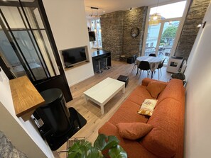 Smart TV, fireplace, books, offices