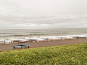 A bench on a paved path beside a beach with a railing, under an overcast sky. - Sea Snug (Berwick-upon-Tweed)