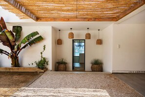 A modern interior with a bamboo ceiling, a large banana plant, and wicker baskets.