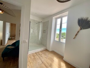 Shower, hair dryer, towels