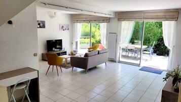 TV connectée, cheminée, baby-foot, livres