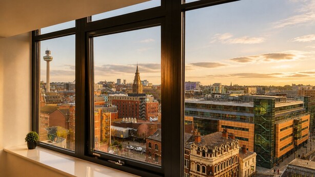 A window with a view of a cityscape, including a tower and various buildings.
