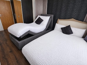 A hotel room with a bed, a sofa bed, and a separate bed.