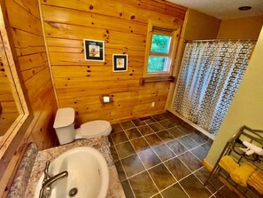 Ducha, secador de pelo, toallas y papel higiénico