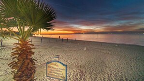 Una platja amb una palmera i un senyal que indica que està reservada per a clients de l'hotel.