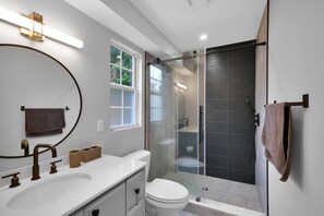 Shower, hair dryer, towels