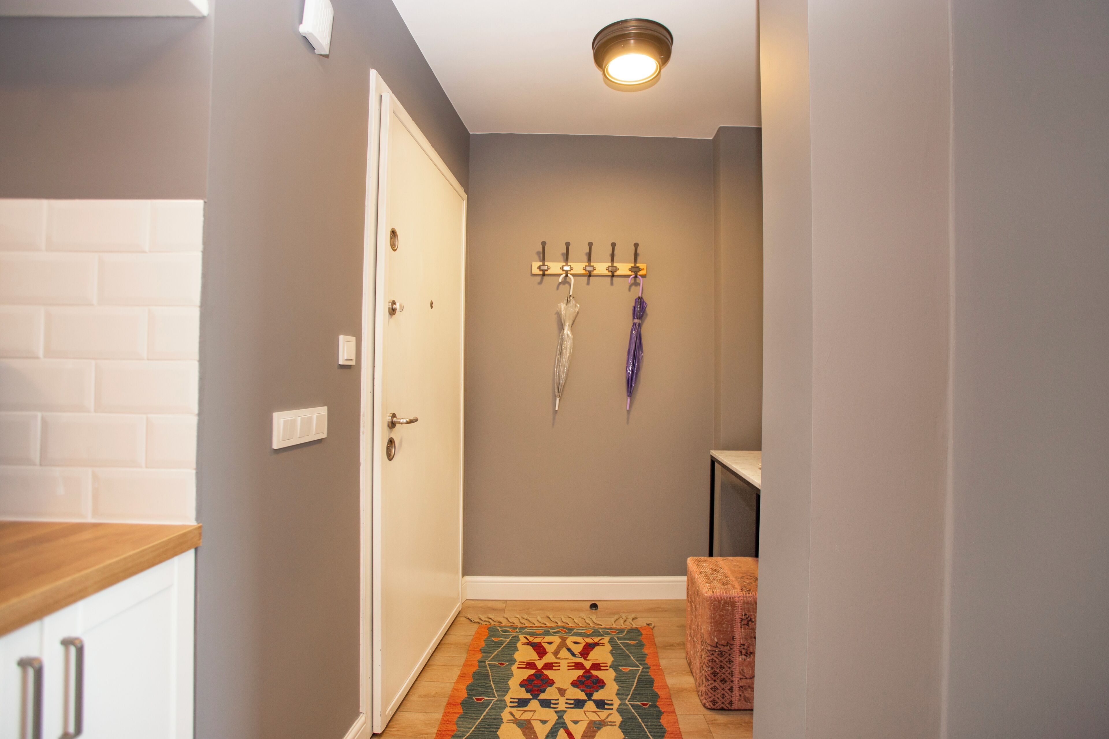 A hallway with a white door, a coat rack with items, and a patterned rug.