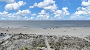 Une plage avec un ciel dégagé, un rivage sablonneux et des dunes.