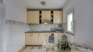 Fridge, microwave, stovetop, electric kettle