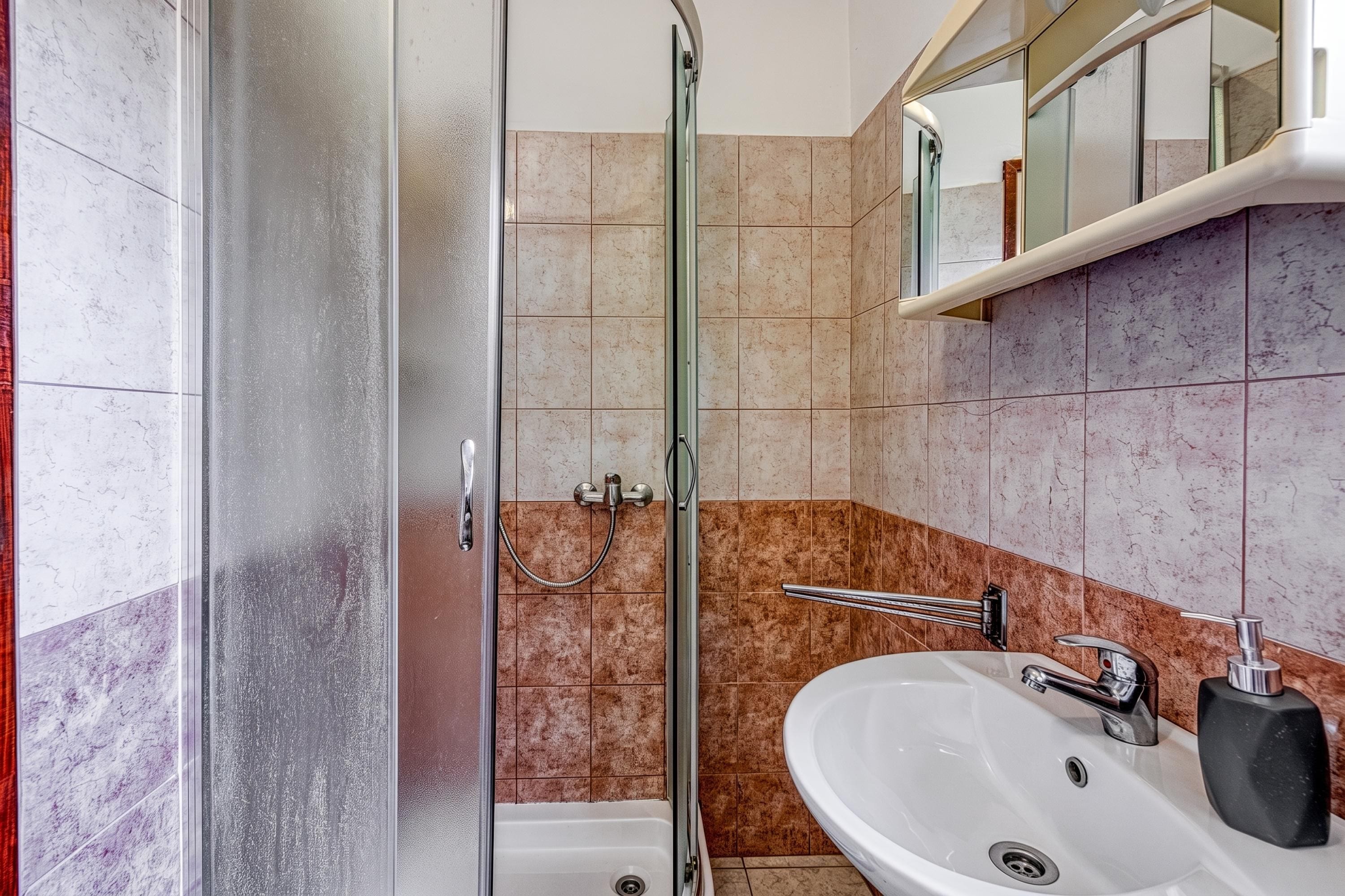 Un baño con cabina de ducha de vidrio, un lavamanos blanco con dispensador de jabón negro y un espejo sobre el lavamanos.