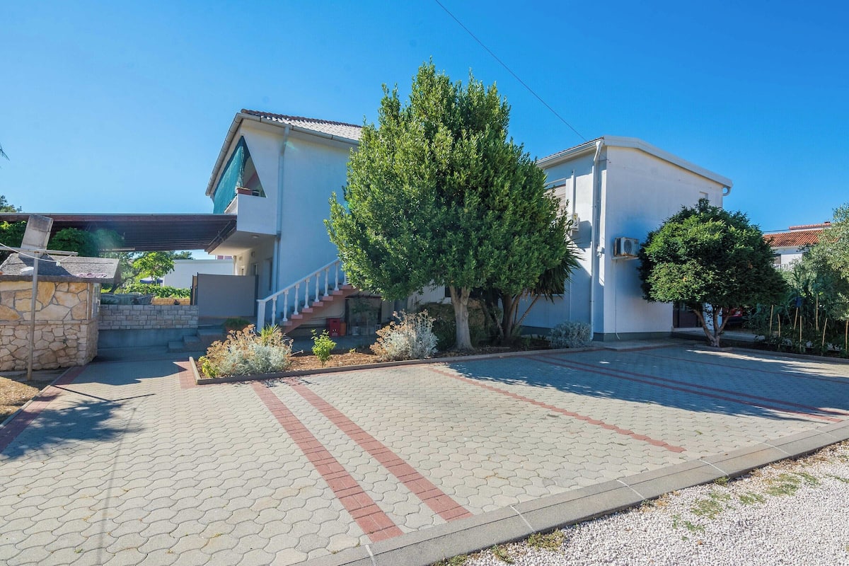 Une maison moderne avec une allée pavée, un grand arbre et un escalier menant à l’entrée.