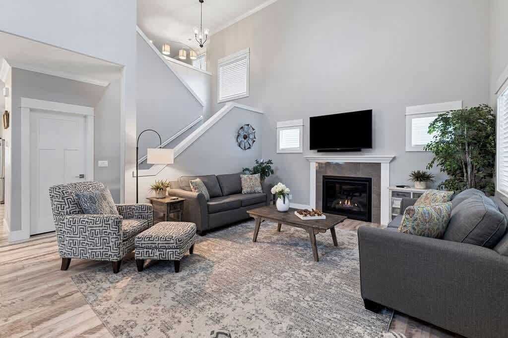 Smart TV, fireplace, books, music library