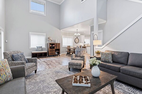 Smart TV, fireplace, books, music library