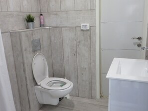 Dusche, Handtücher, Shampoo, Toilettenpapier