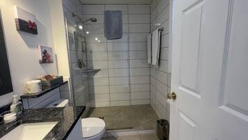 Shower, towels, soap, shampoo