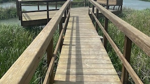 A wooden boardwalk leading to a dock over a marshy area with water on either side. - 338 Capt John Fripp Villa W/Cart, Cards Available! (Fripp Island)