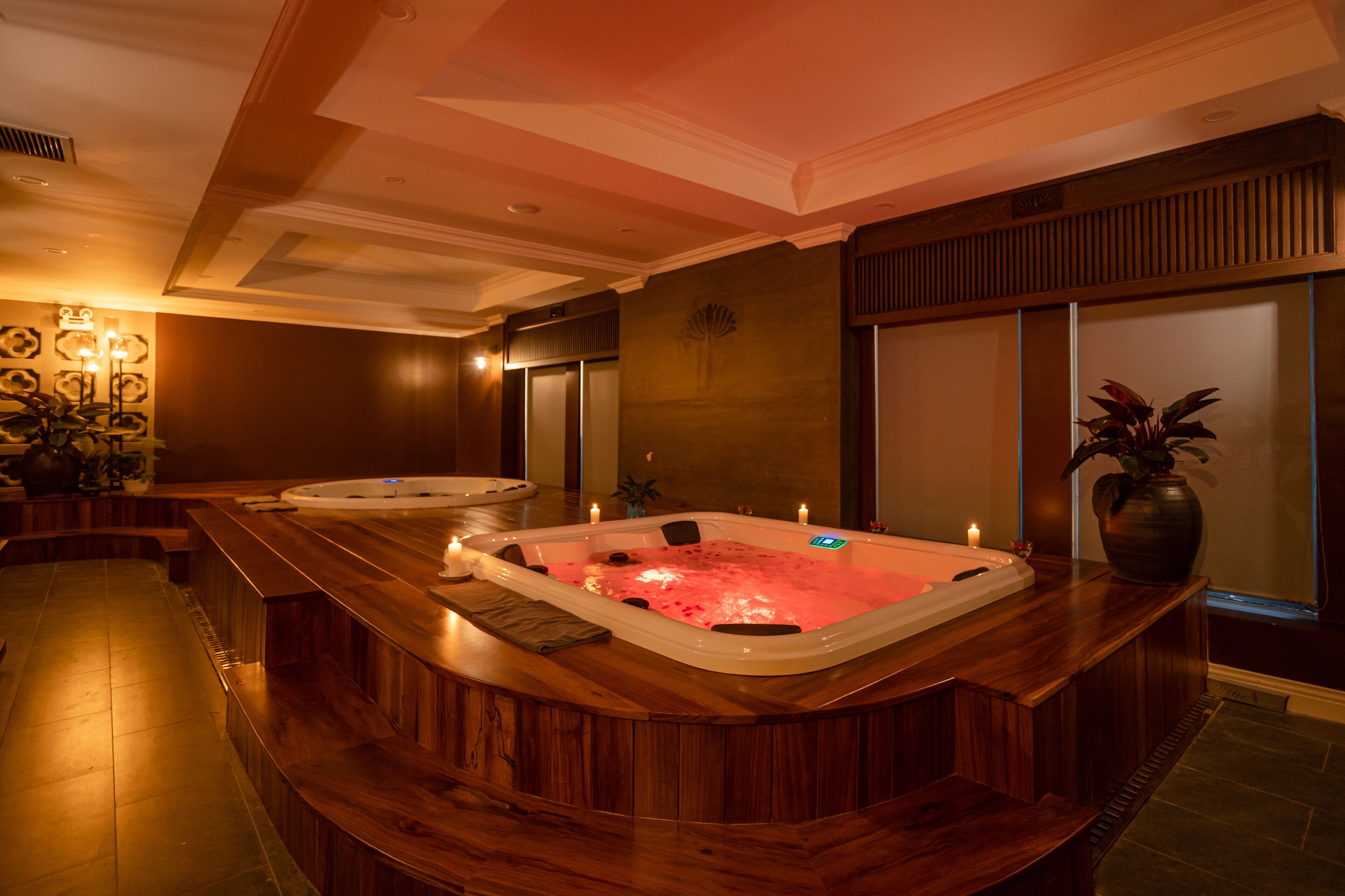 Uma área de spa com hidromassagem, um balcão de recepção em madeira e uma grande planta em vaso.