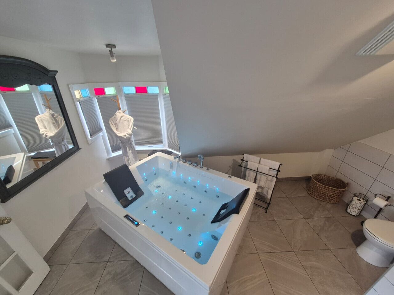 Shower, jetted tub, towels, soap